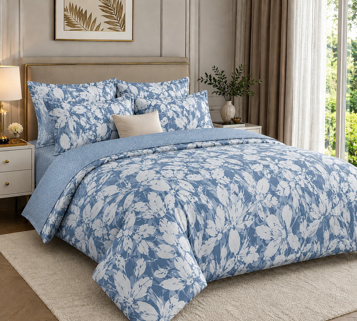 Blue Floral Printed Cotton Bedsheet Set