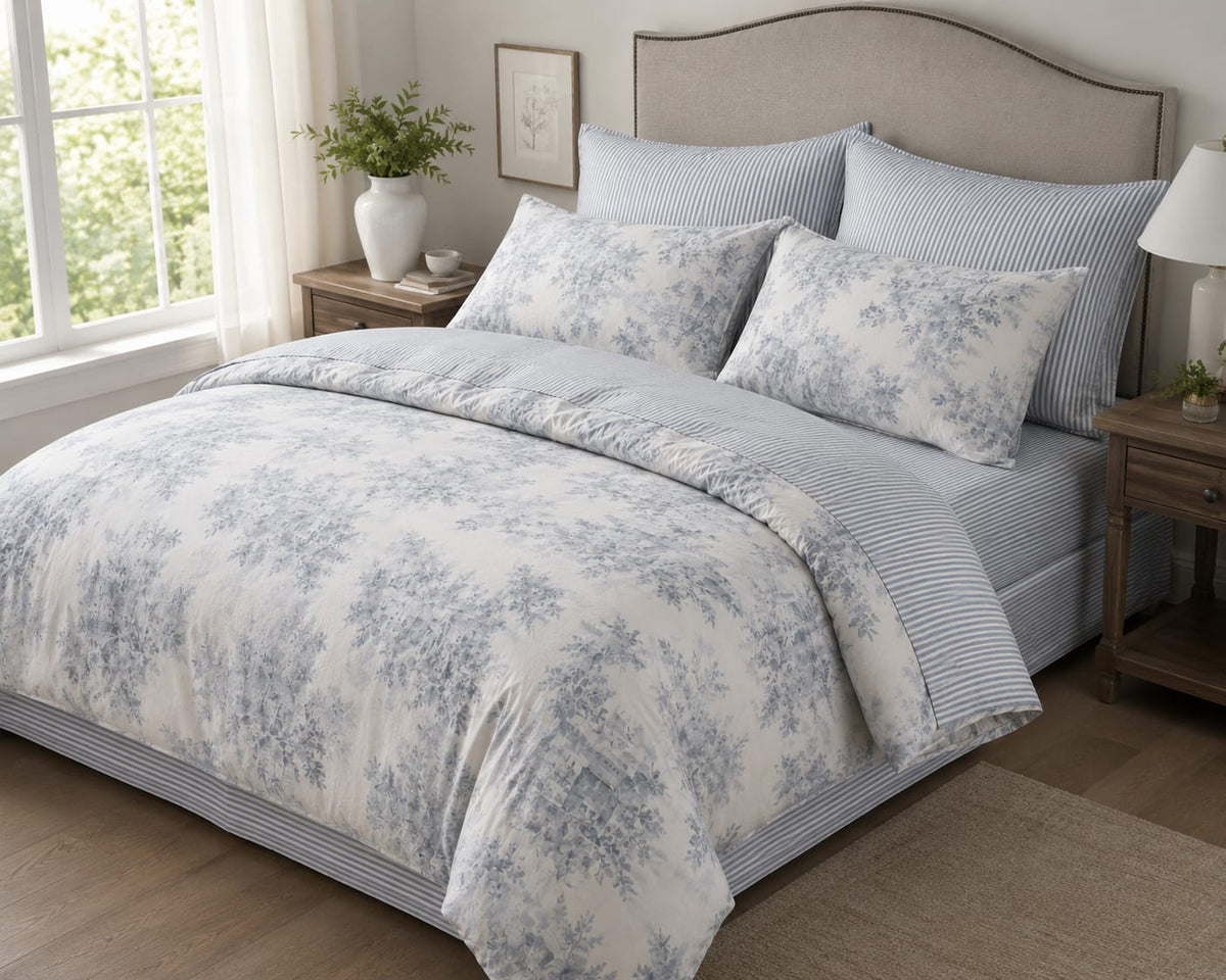 Blue Toile Floral Reversible Comforter Set