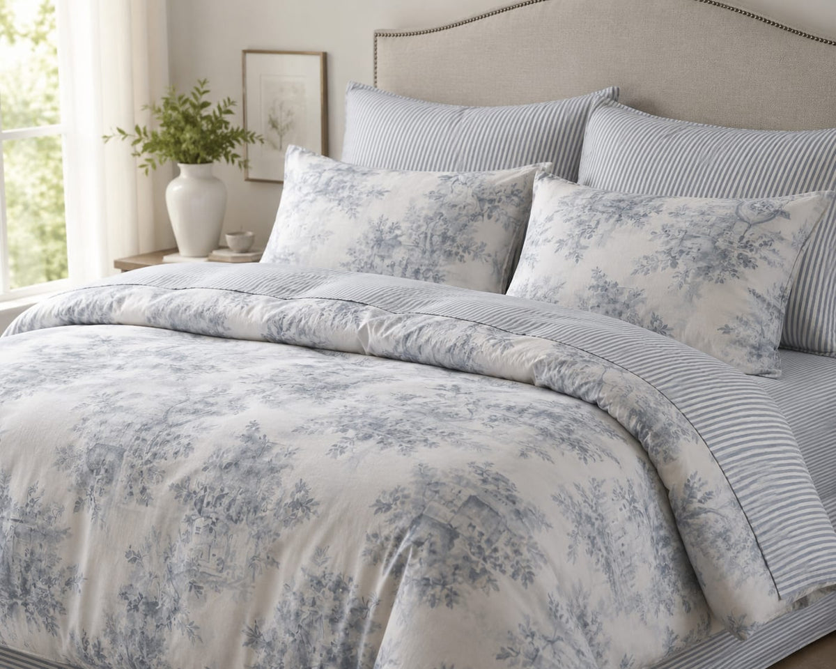 Blue Toile Floral Reversible Comforter Set