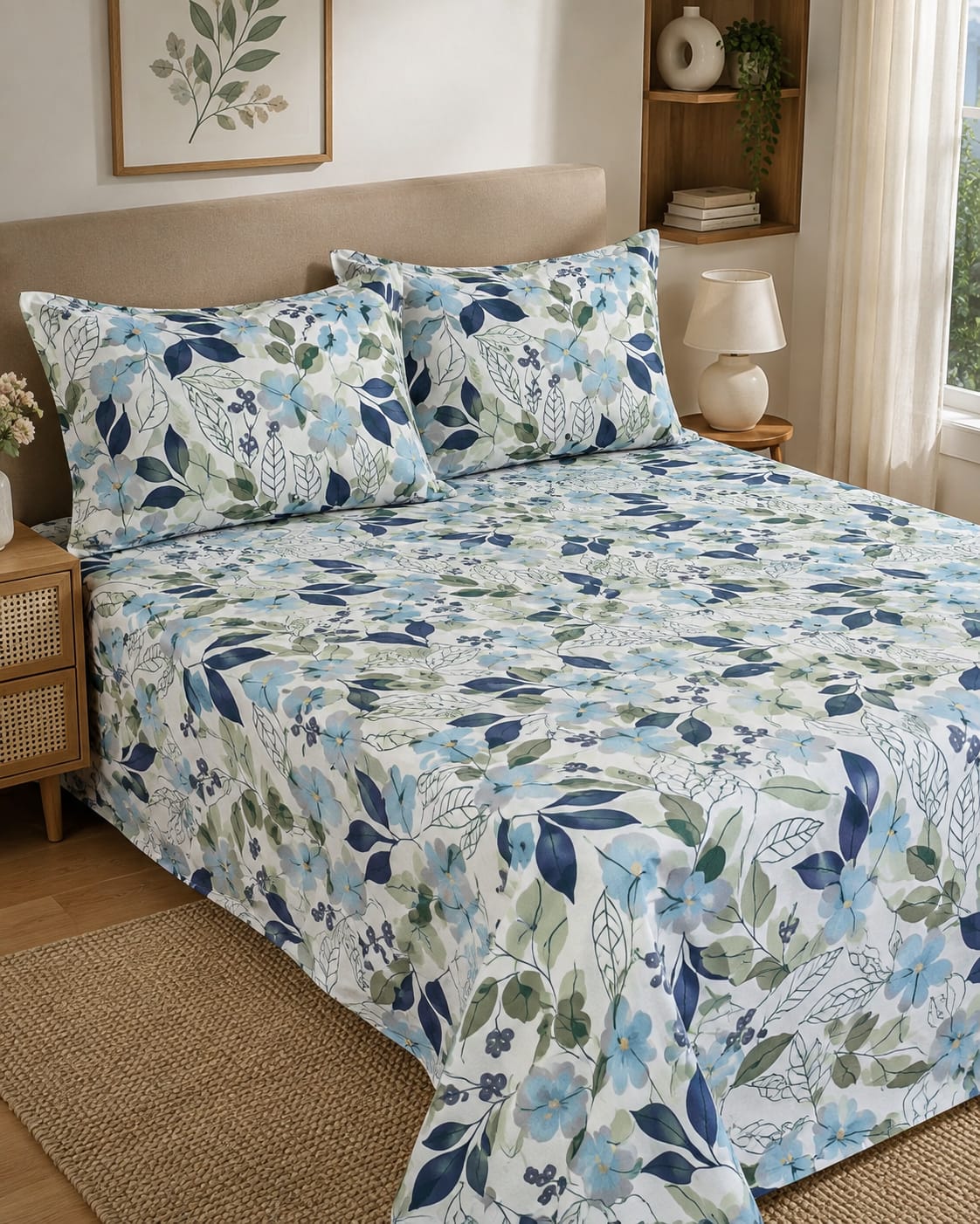 Beautiful Floral Printed Bed Sheet Set – Blue & White