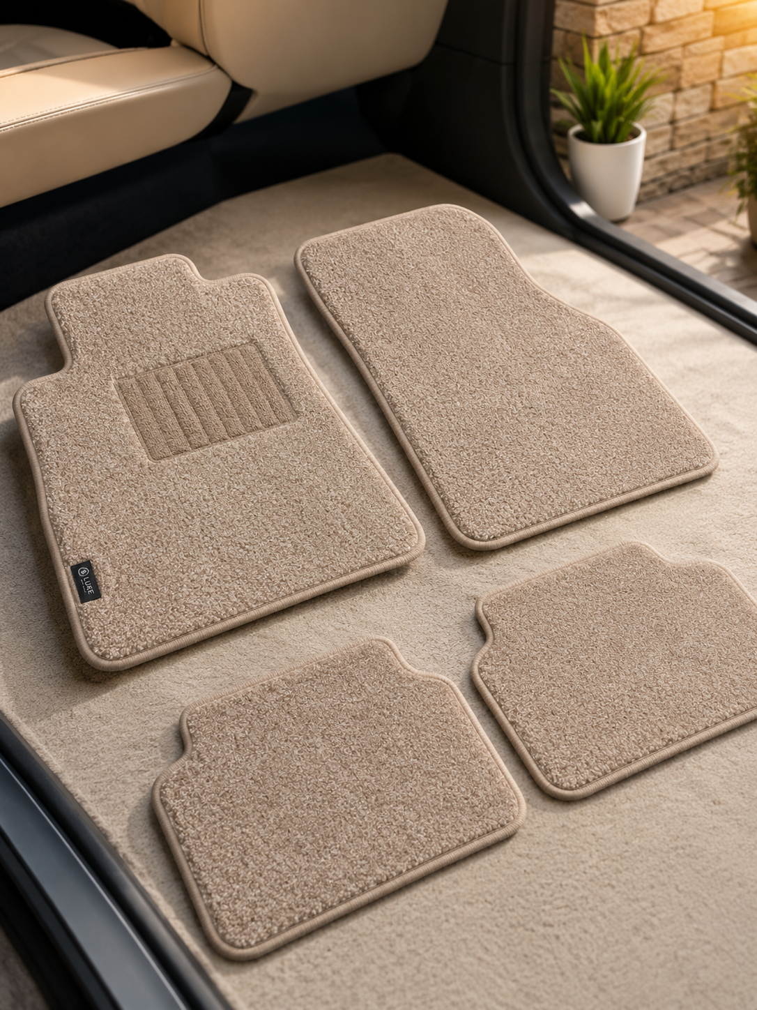 Premium Beige Car Floor Mats – Universal Fit, 4 Piece Set